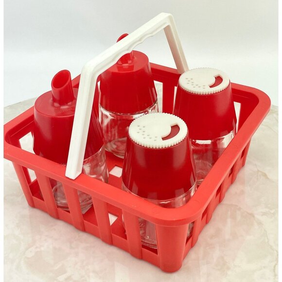 Vintage 70s condiment caddy, picnic plastic and glass dispensers - Picture 2 of 10